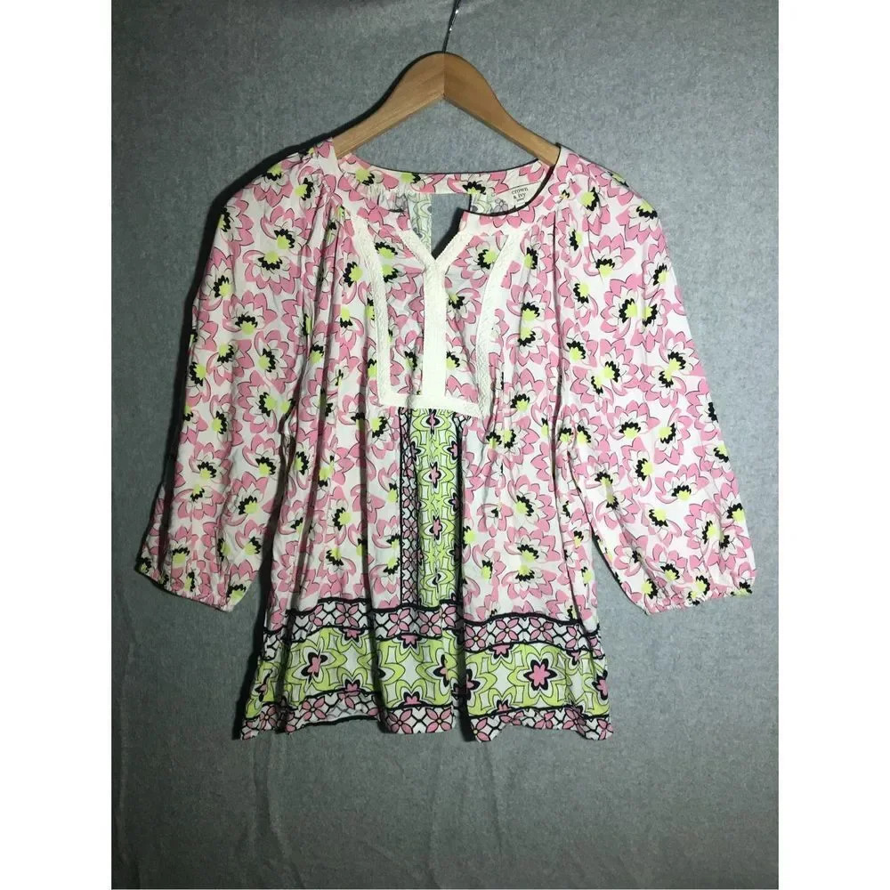 Womens Crown And Ivy Blouse Pink Green Floral Print Boho Bohemian Beach Colorful